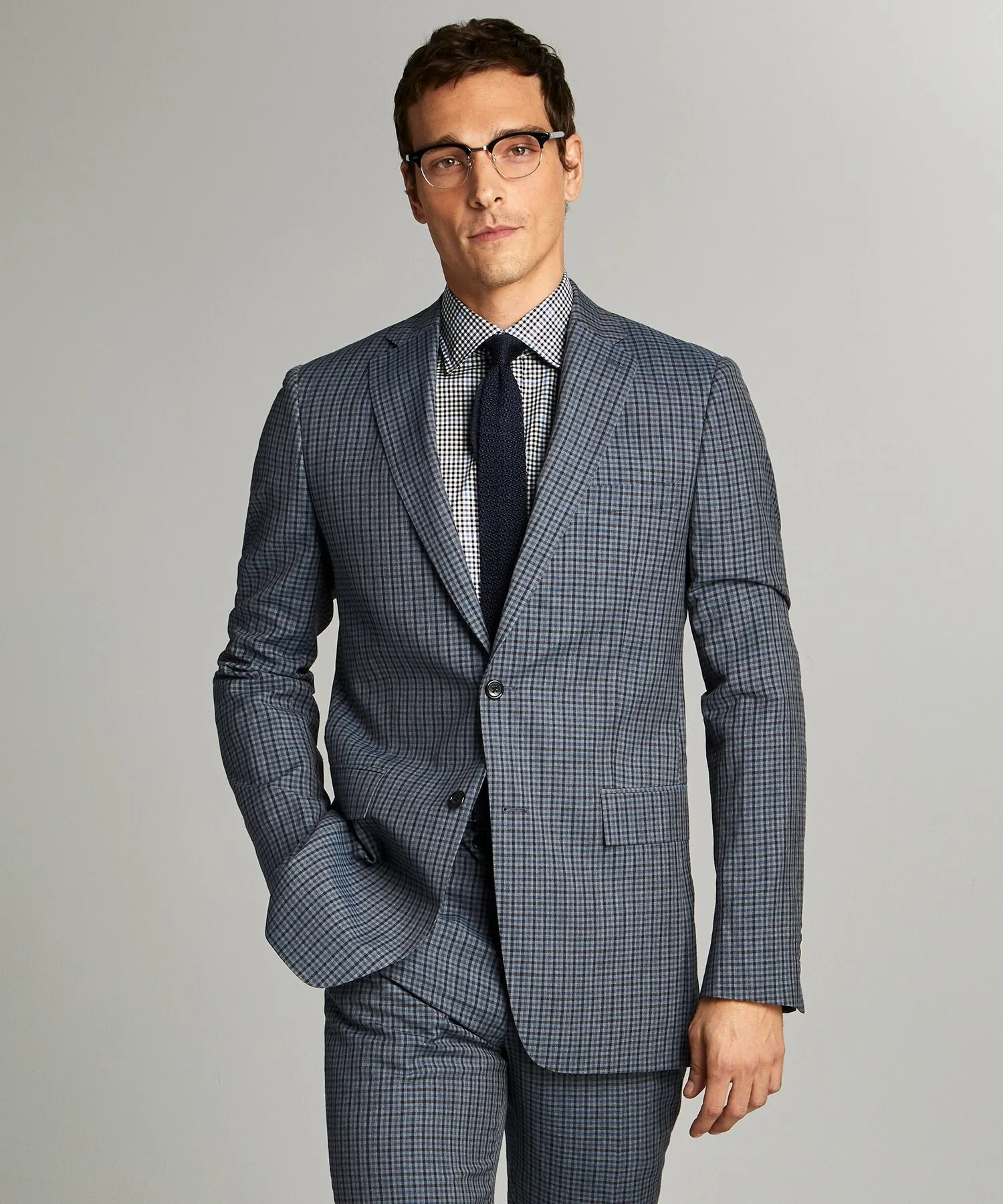 Sutton Wool Linen Suit in Grey Navy Check