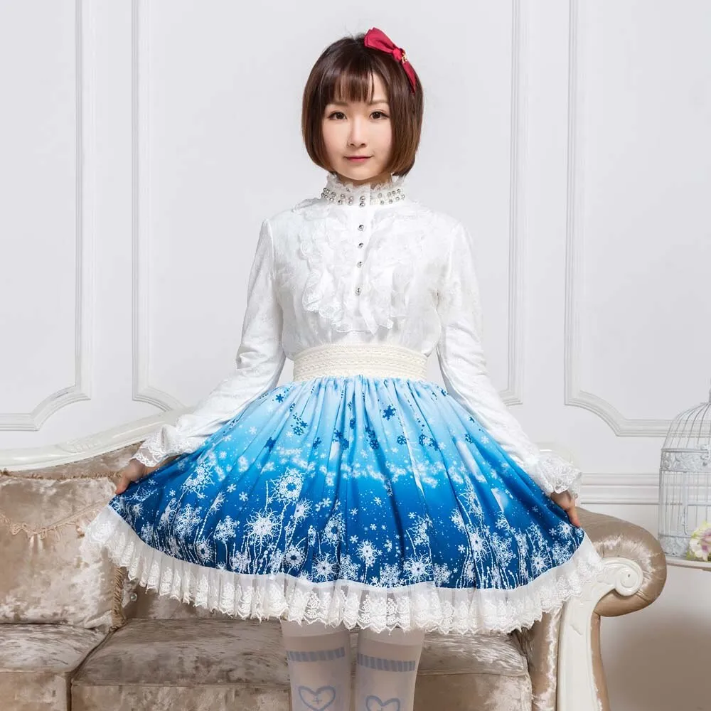 Sweet Snowflake and Flower Printed Short Skirt for Summer Cute Mori Girl Skirt