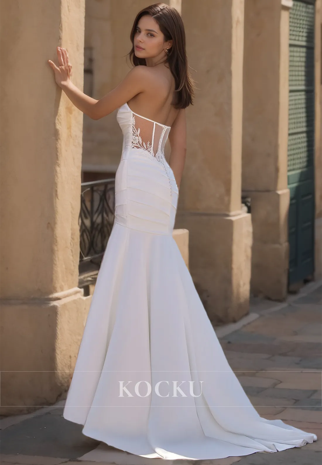 Sweetheart Mermaid Beach Wedding Dress Sleeveless Ruched Satin Boho Gowns with Sweep Train