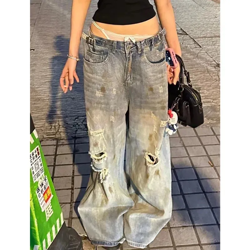 TAVIMART  -  High Waist Ripped Women's Blue Jeans Hip-hop Style Fashion Vintage Streetwear Y2K Wide Leg Jean 2000s Trouser Baggy Denim Pants