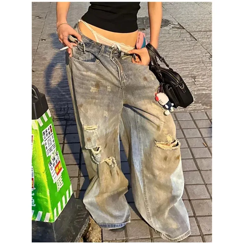 TAVIMART  -  High Waist Ripped Women's Blue Jeans Hip-hop Style Fashion Vintage Streetwear Y2K Wide Leg Jean 2000s Trouser Baggy Denim Pants