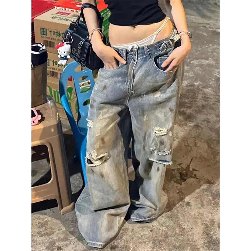 TAVIMART  -  High Waist Ripped Women's Blue Jeans Hip-hop Style Fashion Vintage Streetwear Y2K Wide Leg Jean 2000s Trouser Baggy Denim Pants