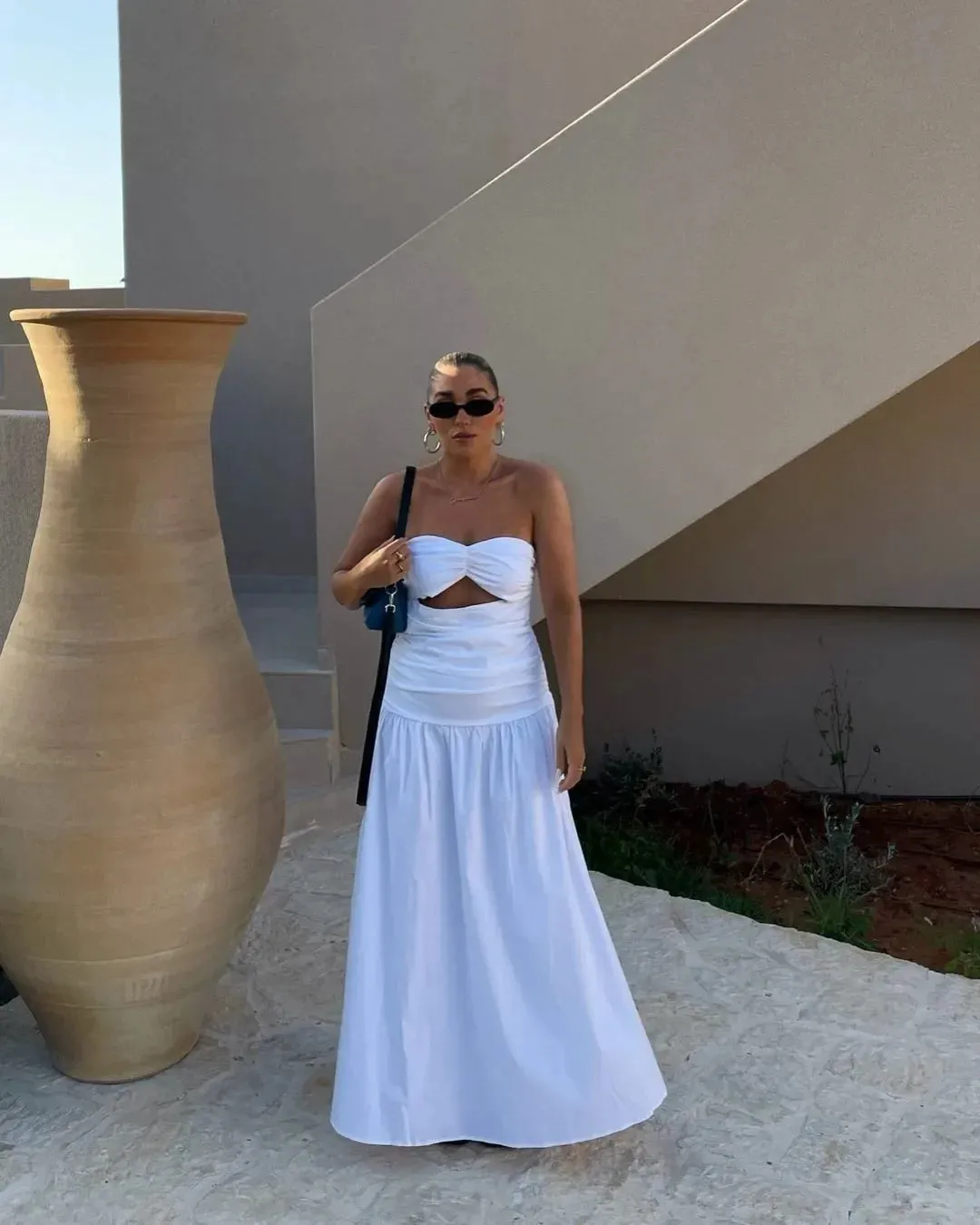 TAVIMART  -  Sexy Hollow Pleated Backless Corset Maxi Dress Women Off Shoulder Solid Fashion Slim Dresses 2024 Summer Chic New Beach Robes