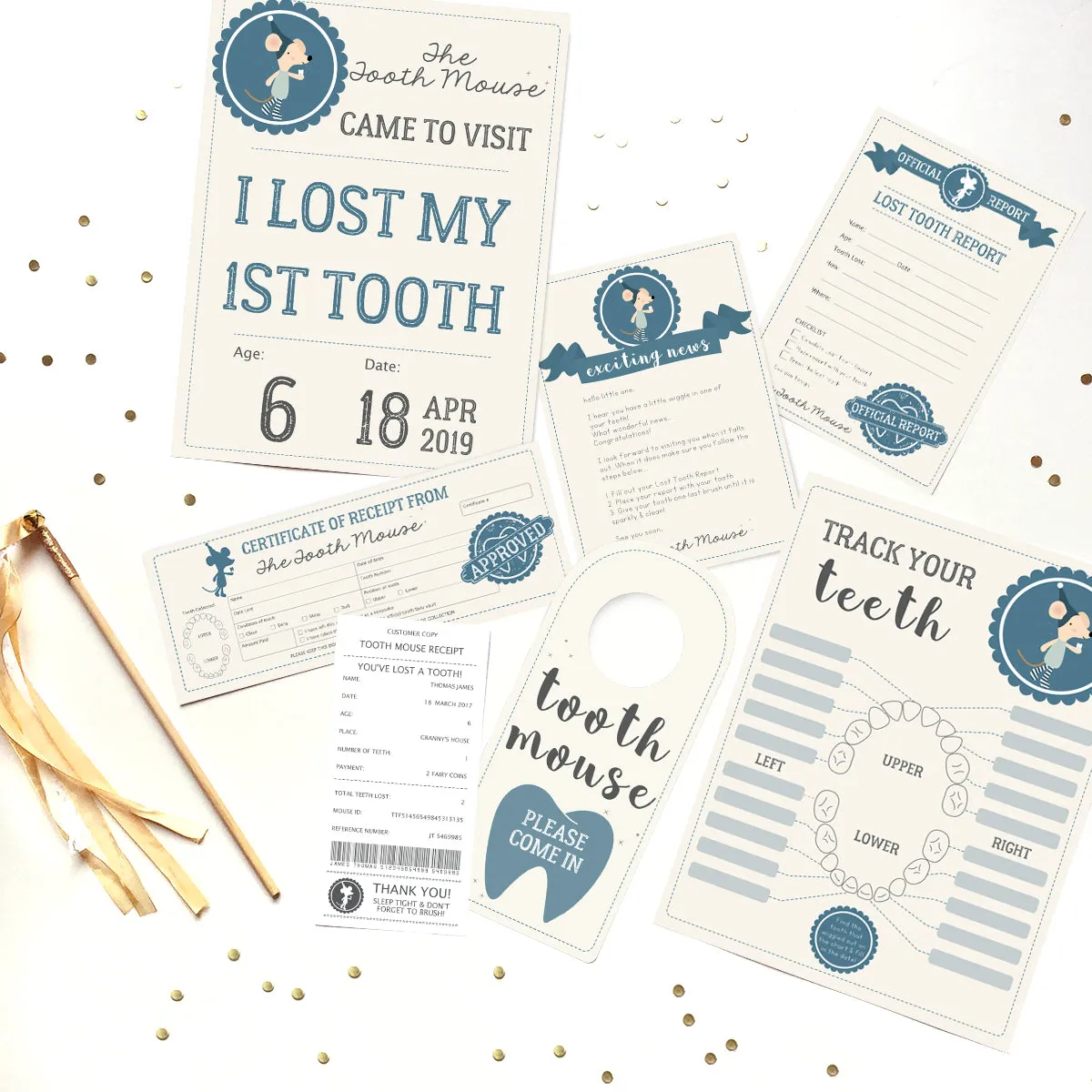 Tooth Mouse Full Set Boys | Official Certificate, Customer Receipt, Door Hangar, Visitor Poster, Letter, Tooth Report, Lost tooth chart