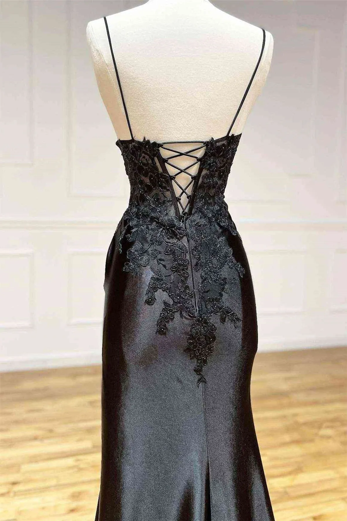 V Neck Open Back Mermaid Black Lace Long Prom Dress with High Slit, Mermaid Black Formal Dress, Black Lace Evening Dress A1811