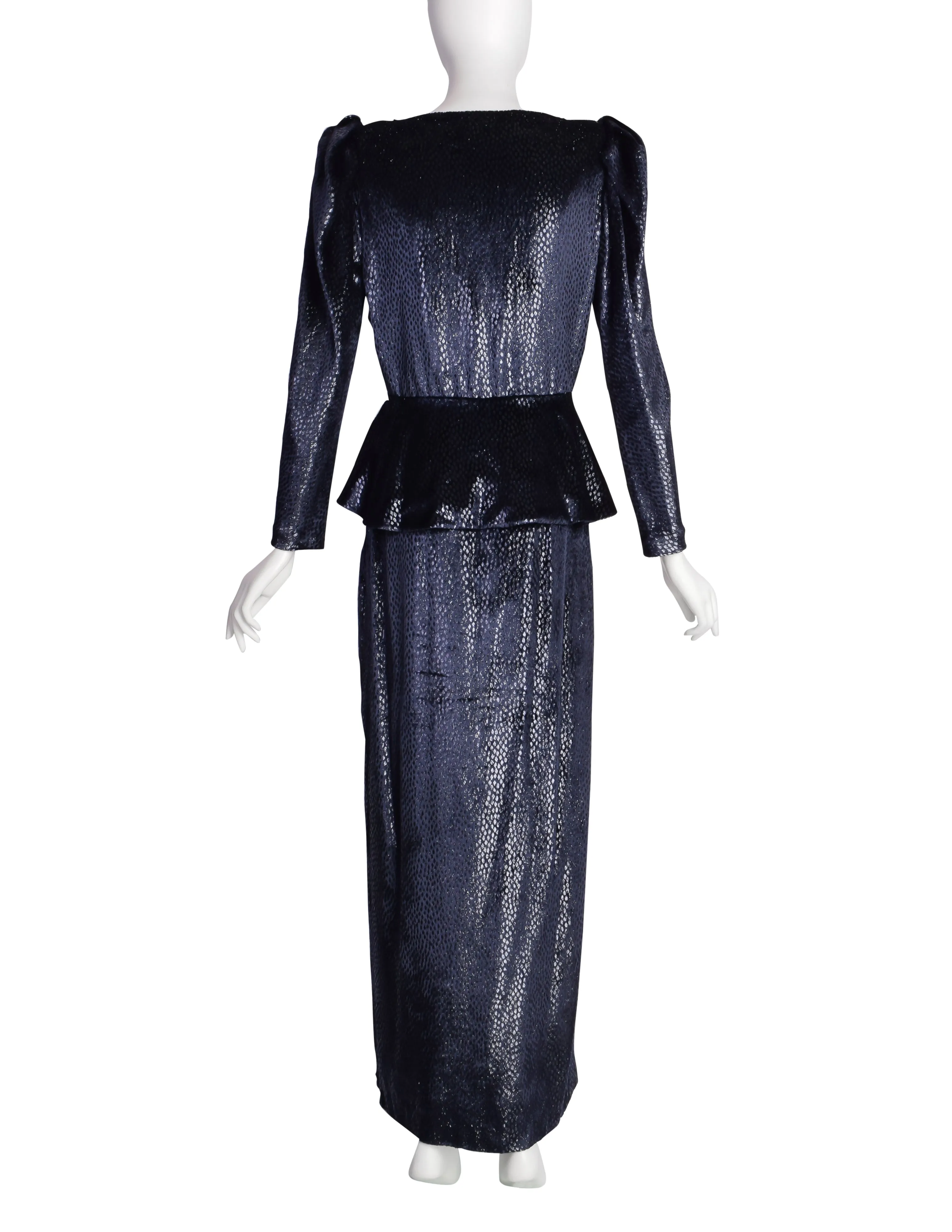 Vicky Tiel Vintage 1980s Midnight Blue Metallic Silk Velvet Wrap Blouse and Skirt Ensemble Set