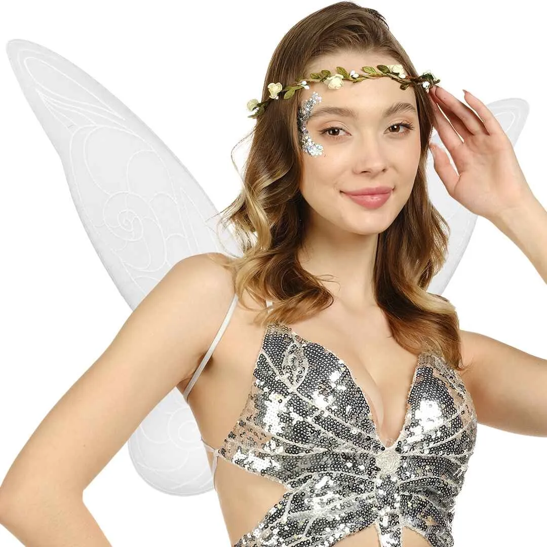 White Fairy Costume Accessories Set - Fairy Wings, Fairy Crown - FUNCREDIBLE