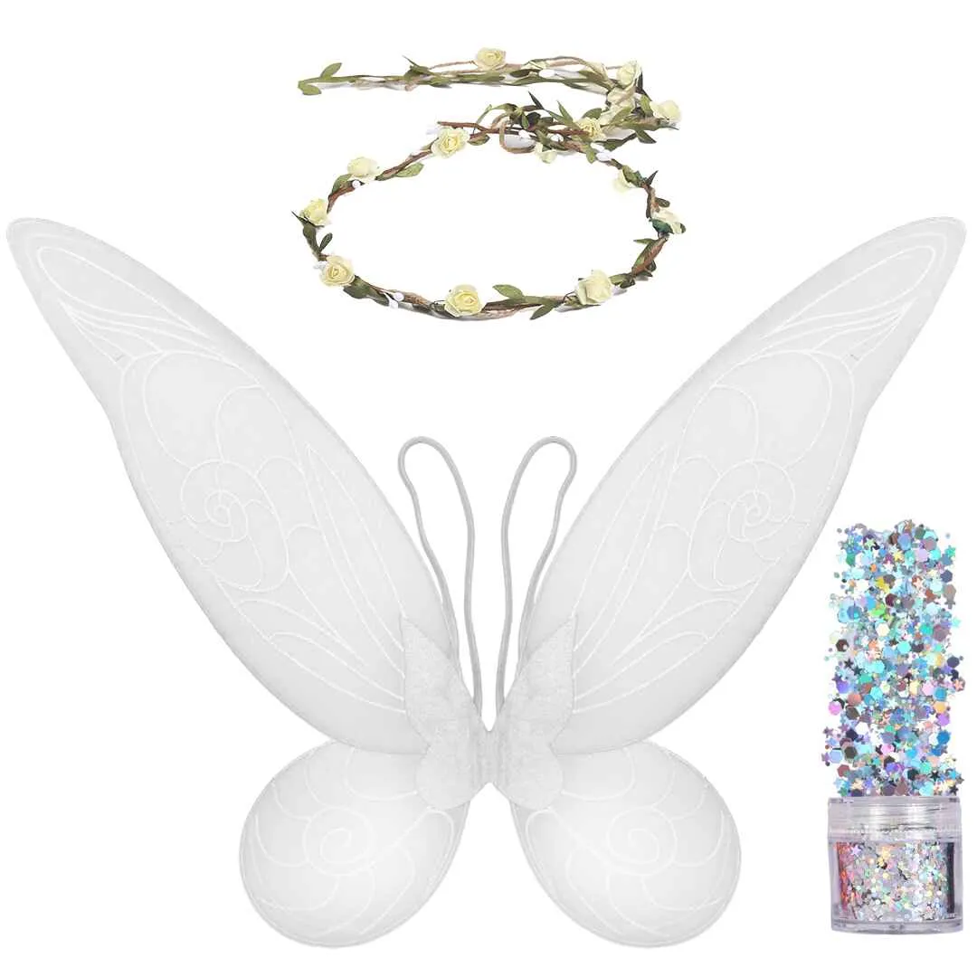 White Fairy Costume Accessories Set - Fairy Wings, Fairy Crown - FUNCREDIBLE