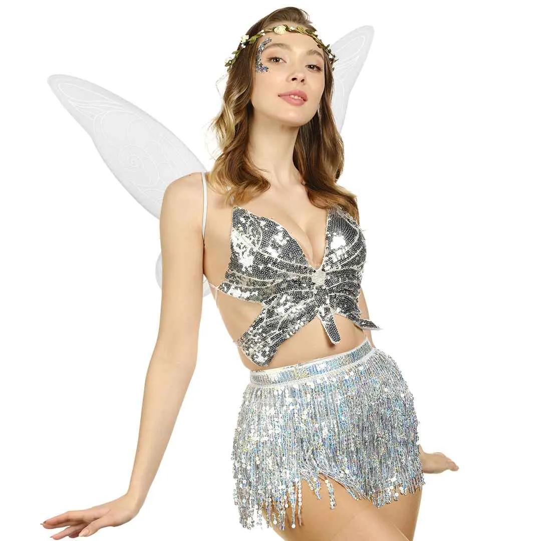 White Fairy Costume Accessories Set - Fairy Wings, Fairy Crown - FUNCREDIBLE