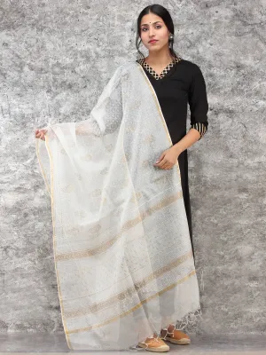 White Gold Kota Silk Hand Block Painted Dupatta - D04170780