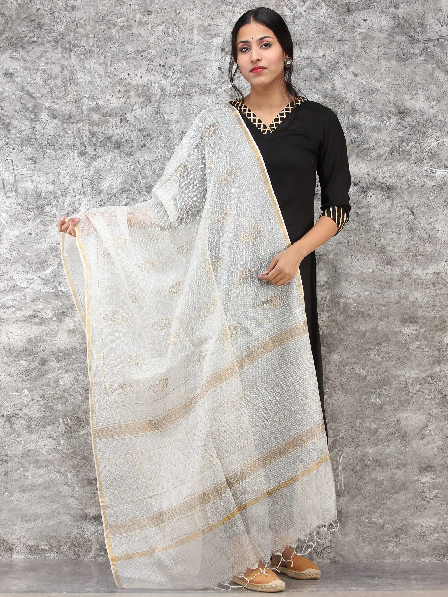 White Gold Kota Silk Hand Block Painted Dupatta - D04170780