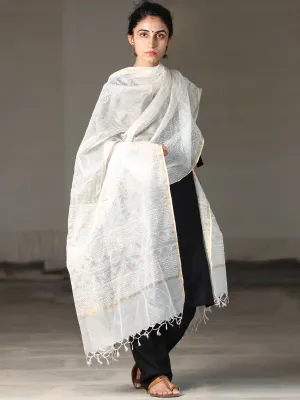 White Golden Kota Silk Hand Block Printed Dupatta - D04170402