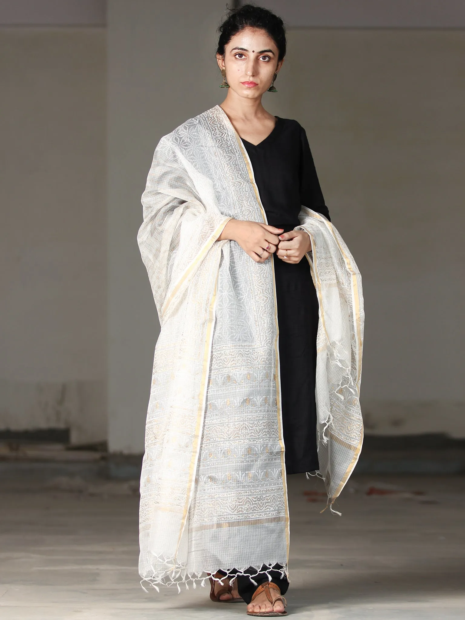 White Golden Kota Silk Hand Block Printed Dupatta - D04170402