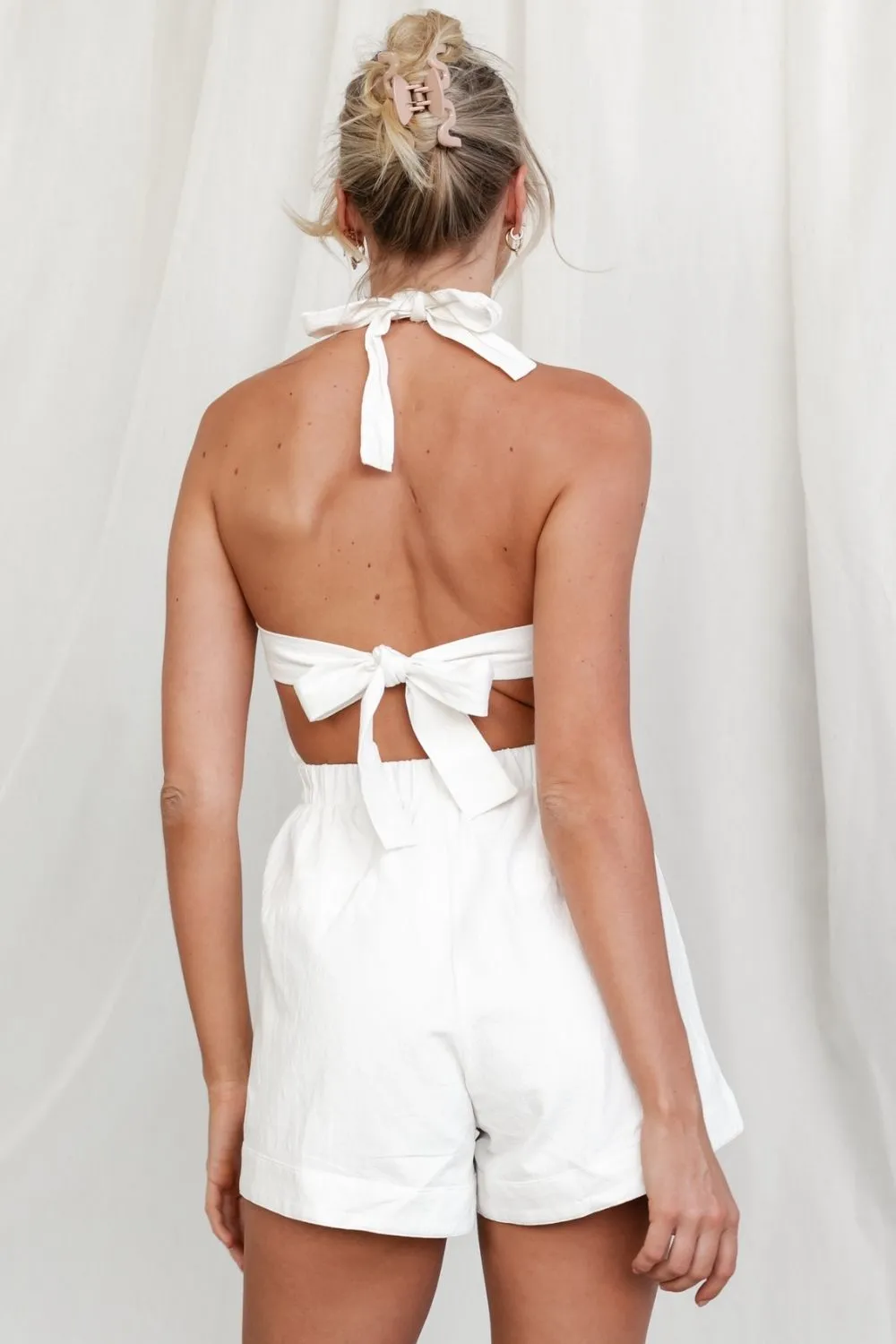 White Halter Neckline Backless PlaySuit