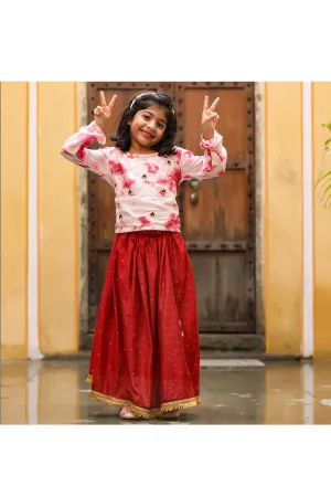 White Tie N Dye Top With Maroon Butti Printed Skirt