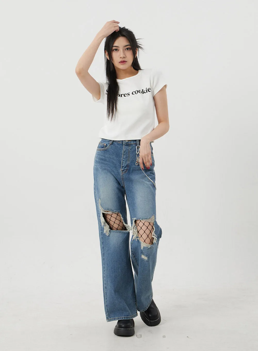 Wide Leg Ripped Knee Jeans BJ317