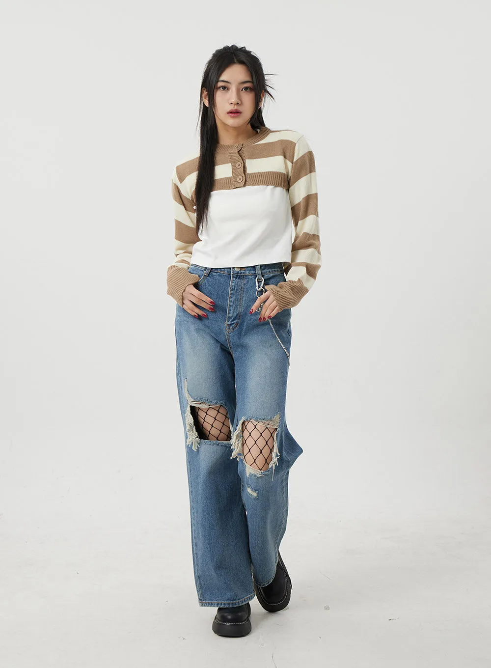 Wide Leg Ripped Knee Jeans BJ317