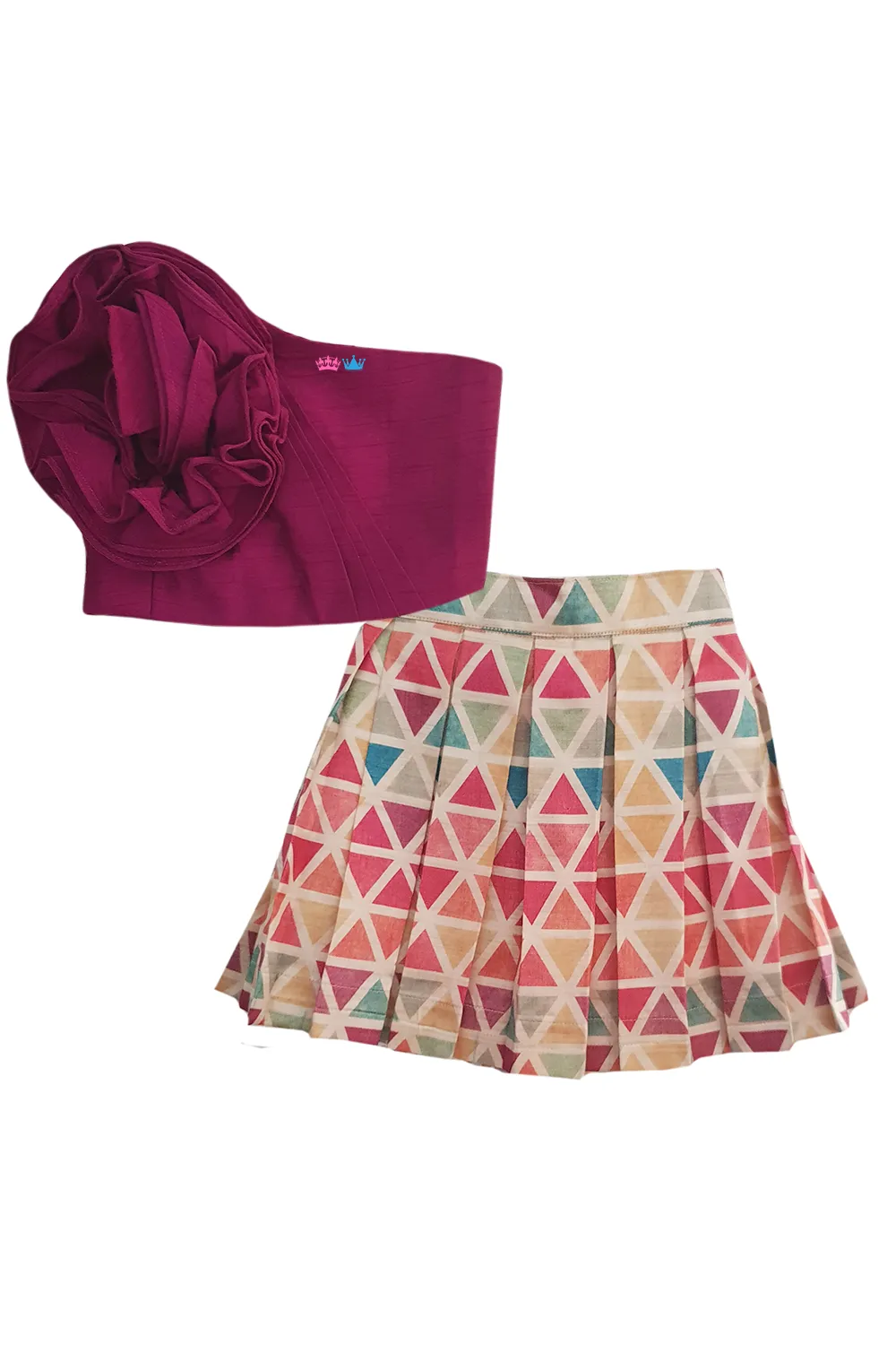 Wine crop top and knee length triangle printed skirt