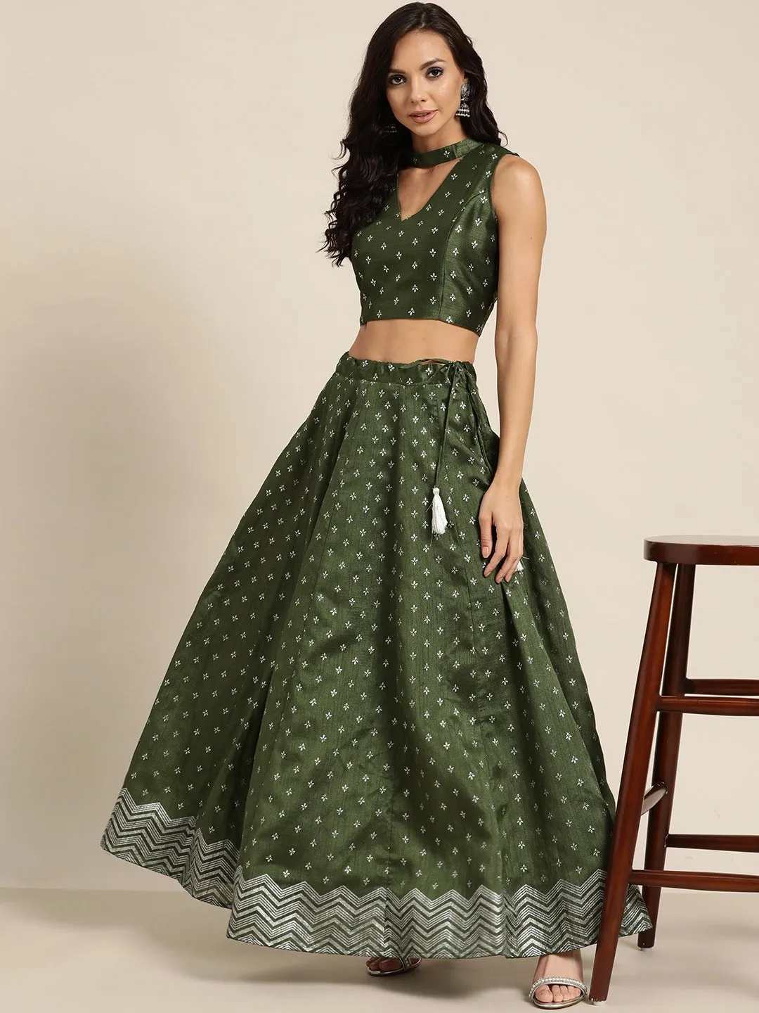 Women Dark Green Silver Foil Anarkali Skirt