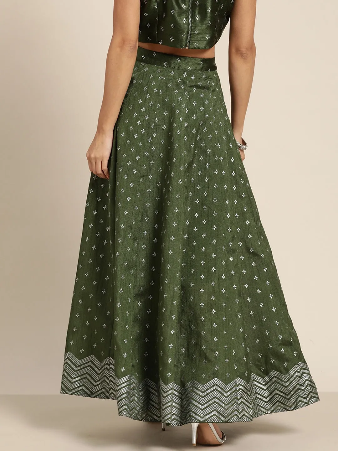 Women Dark Green Silver Foil Anarkali Skirt