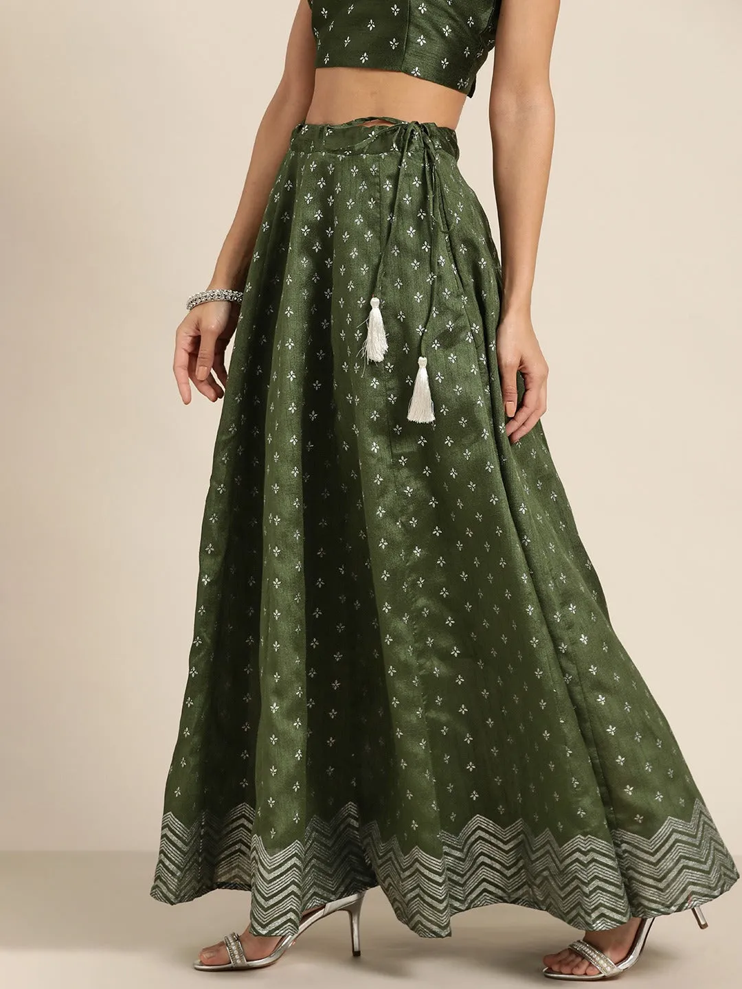 Women Dark Green Silver Foil Anarkali Skirt