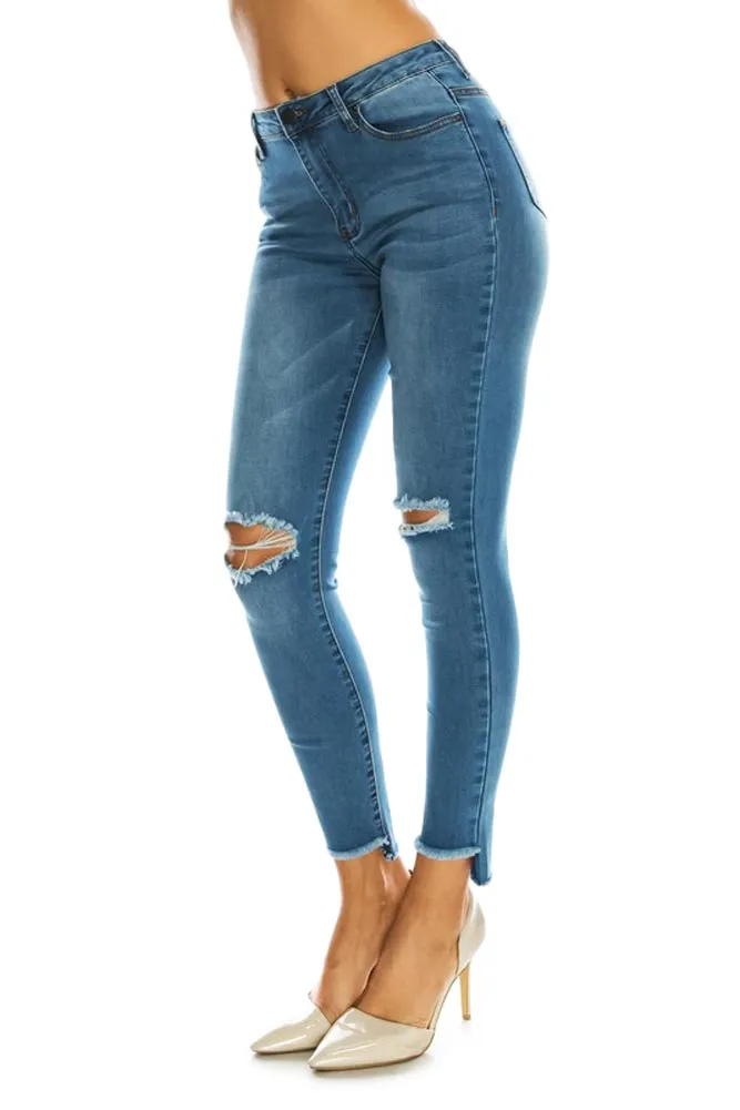 Women's High Rise Destroyed Knee and Hi-Low Frayed Hem Jeans