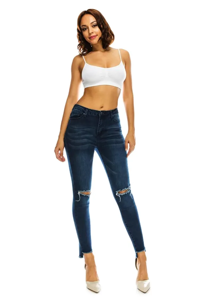 Women's High Rise Destroyed Knee and Hi-Low Frayed Hem Jeans