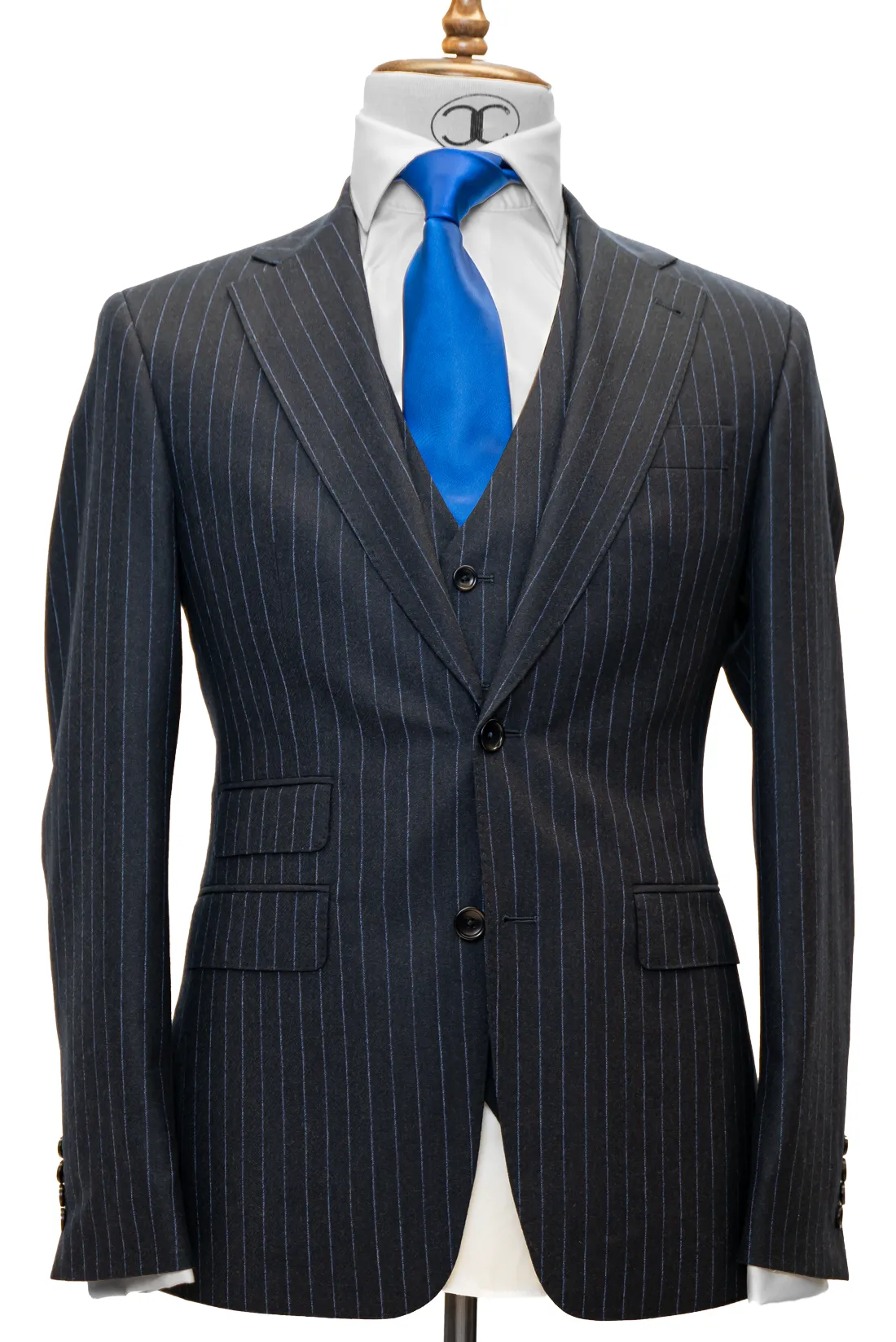 Zignone - Navy Blue with Light Blue Pinstripes Cashmere 3-Piece Slim Fit Suit