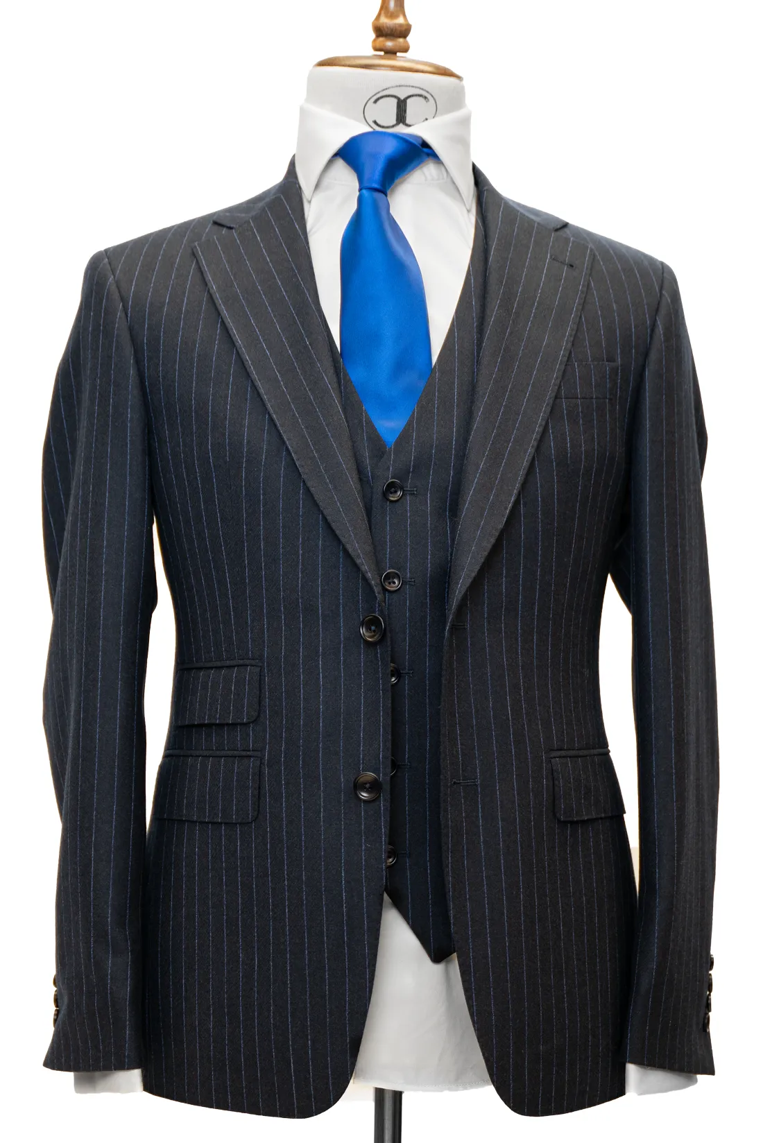 Zignone - Navy Blue with Light Blue Pinstripes Cashmere 3-Piece Slim Fit Suit